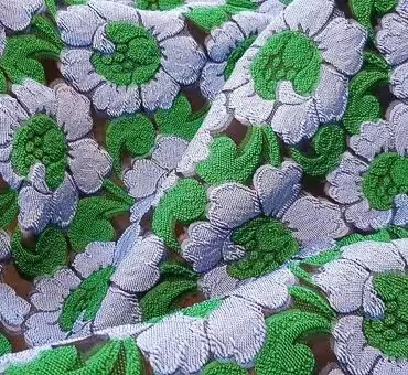 Żakard błękit, zieleń, motyw kwiatowy