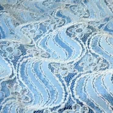Koronka motyw kwiatowy, fale, elastyczna, z wyczuwalną fakturą, błękit, biel