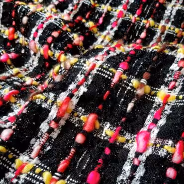 Wełna chanelka boucle, krata: czerń, biel, róż, żółty, czerwień, brąz