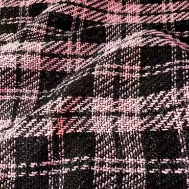 Wełna Chanel krata: czerń, pastelowy róż lawendowy, błyszcząca czarna nitka