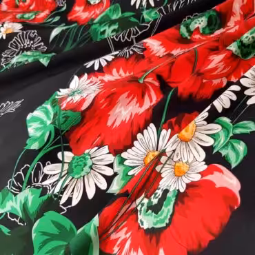 Jedwab drukowany, motyw kwiaty, czerwone maki na czarnym tle
