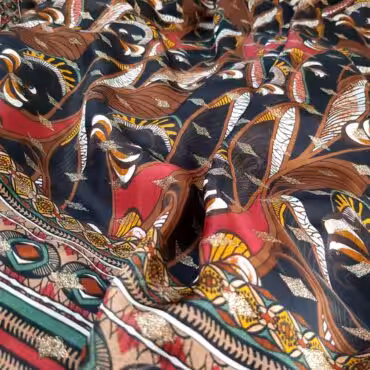 Jedwab drukowany szyfon, stonowany floral na czerni, złota nić