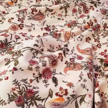 Tkanina syntetyczna, motyw paisley, kwiaty, beż, róż, zieleń khaki