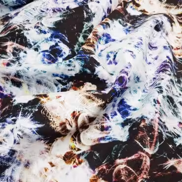 Wiskoza drukowana elastyczna, motyw abstrakcyjny, czerń, biel, fiolet