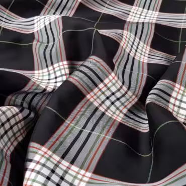 Wiskoza w kratę tartan, dwustronna, czerń, srebrny, zieleń, cynamon, biel, połysk