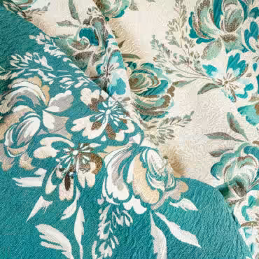 Żakard dwustronny, strukturalny, motyw kwiaty, mięta, ecru, złoty