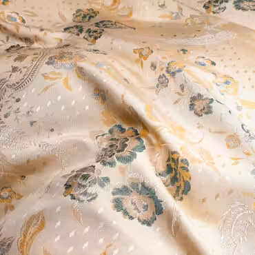 Żakard premium motyw kwiaty: beżowy, zgaszona mięta, perłowa biel