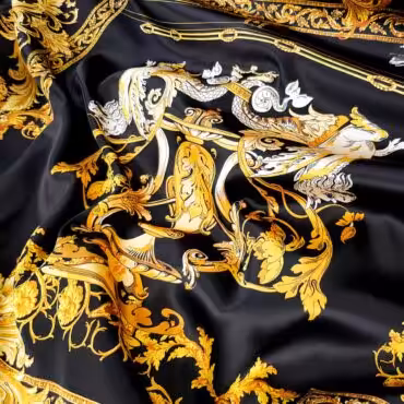 Jedwab drukowany ornament czerń ze złotym, elastyczny, połysk