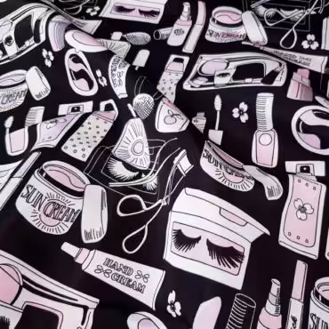 Tkanina syntetyczna pop art, kosmetyki, czerń, biel, róż