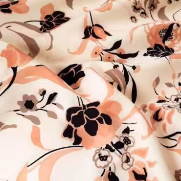 Tkanina syntetyczna, neopren, motyw kwiaty, odcienie beżu, różu i czerni