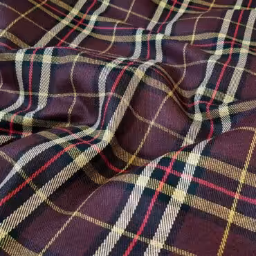 Tkanina syntetyczna, krata tartan, burgund, musztarda, beż, amarant, czerń