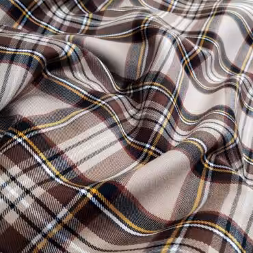 Tkanina syntetyczna, krata tartan, beż, brąz, czerń, biel, musztarowy