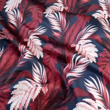 Tkanina syntetyczna płaszczowa, impregnowana, liście, winna czerwień, granat