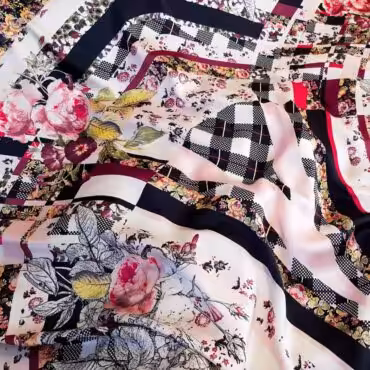 Tkanina syntetyczna panel 90 cm, patchwork, odcienie różu, ecru, czerń