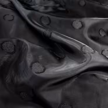 Tkanina syntetyczna organza, czarna w grochy, połysk