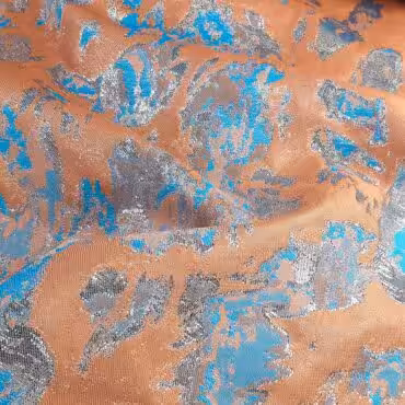 Żakard dwustronny, abstrakcja, morela, błękit, srebrny