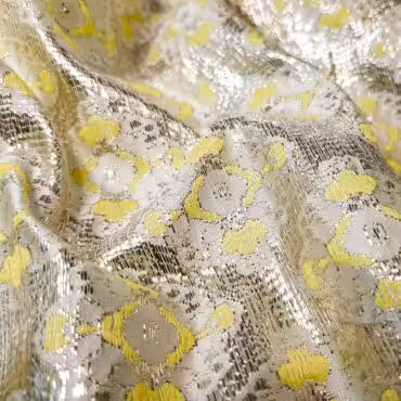 Żakard błyszczący, we wzory, limonkowy żółty, srebrny