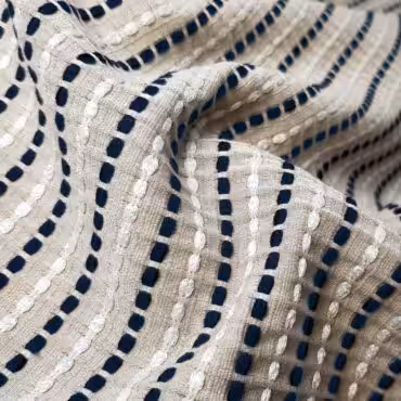 Żakard strukturalny, prążki, chłodny beż, ecru, granat