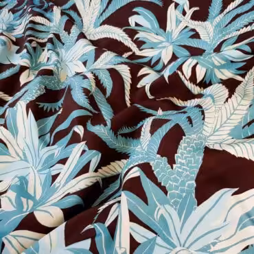Jedwab drukowany, palmy, dżungla, czekoladowy brąz z błękitem