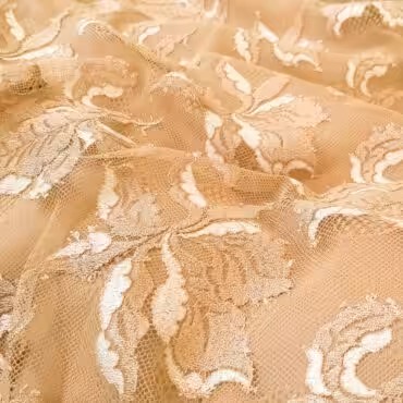 Koronka złoty beż z ecru, motyw roślinny, liście, elastyczna