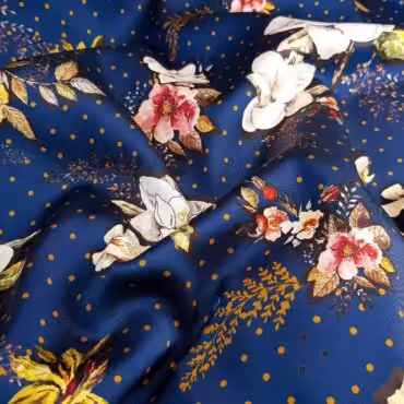 Syntetyczna tkanina kwiaty i kropki na granacie, satyna