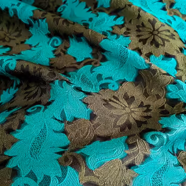 Żakard z jedwabiem, kwiaty na organzie, ciemna mięta, khaki, czerń