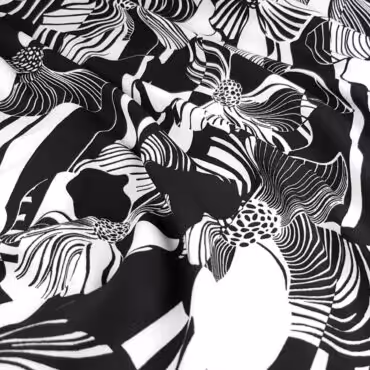 Syntetyczna tkanina czerń i biel, kwiaty, paski