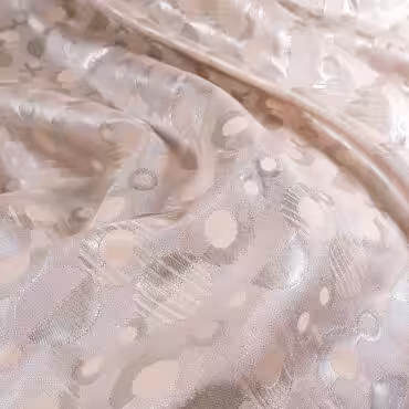 Żakard dwustronny, motyw geometryczny, koła, jasny róż, beż, srebrny