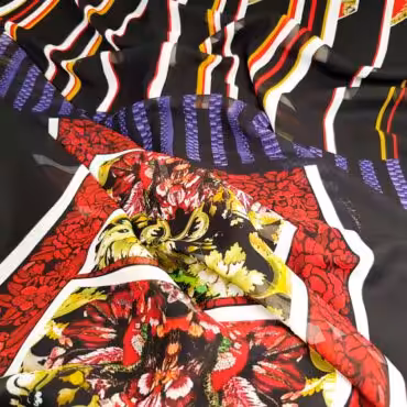 Syntetyczna tkanina panel 215 cm, szyfon, czerń, czerwień, fiolet