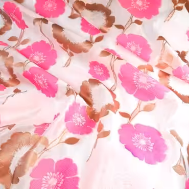 Tkanina syntetyczna żakard, duże kwiaty na organzie, biel, róż