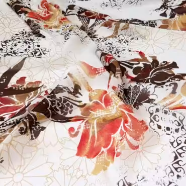 Wiskoza drukowana szyfon, z jedwabiem, kwiaty, biel, brąz, beż