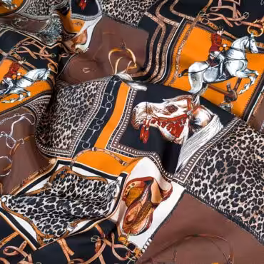 Jedwab drukowany wzór konie, cętki, brąz, cynamon, elastyczny