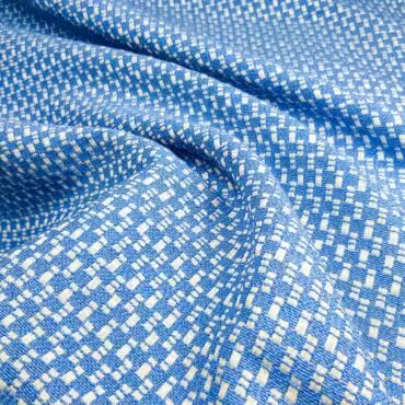 Żakard dwustronny, drobne wzory geometryczne, niebieski, biały