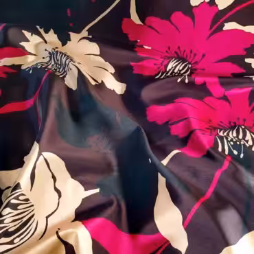 Syntetyczna tkanina tafta, duże kwiaty, gorzka czekolada, beż, fuksja