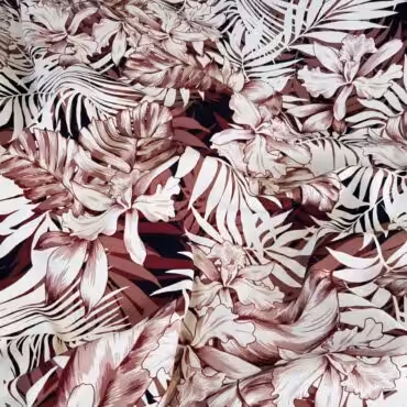 Wiskoza drukowana we wzory, krepa, liście tropikalne, zgaszone bordo