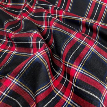 Wiskoza elastyczna, krata tartan, czerwień, czerń, granat, żółty