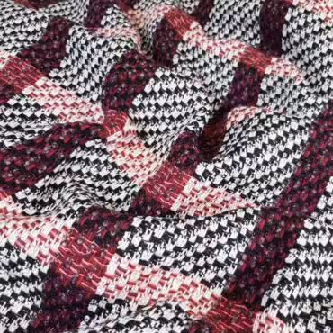 Wiskozowa tkanina płaszczowa miękka, krata róż, burgund, fiolet, biel, czerń