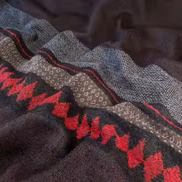 Dwustronna wełna płaszczowa burgundowa, panel 80 cm, melanż, boucle, pasy