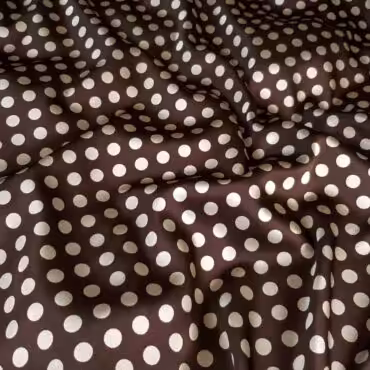 Drukowany jedwab w groszki, brązowy z beżem, retro, satyna elastyczna,