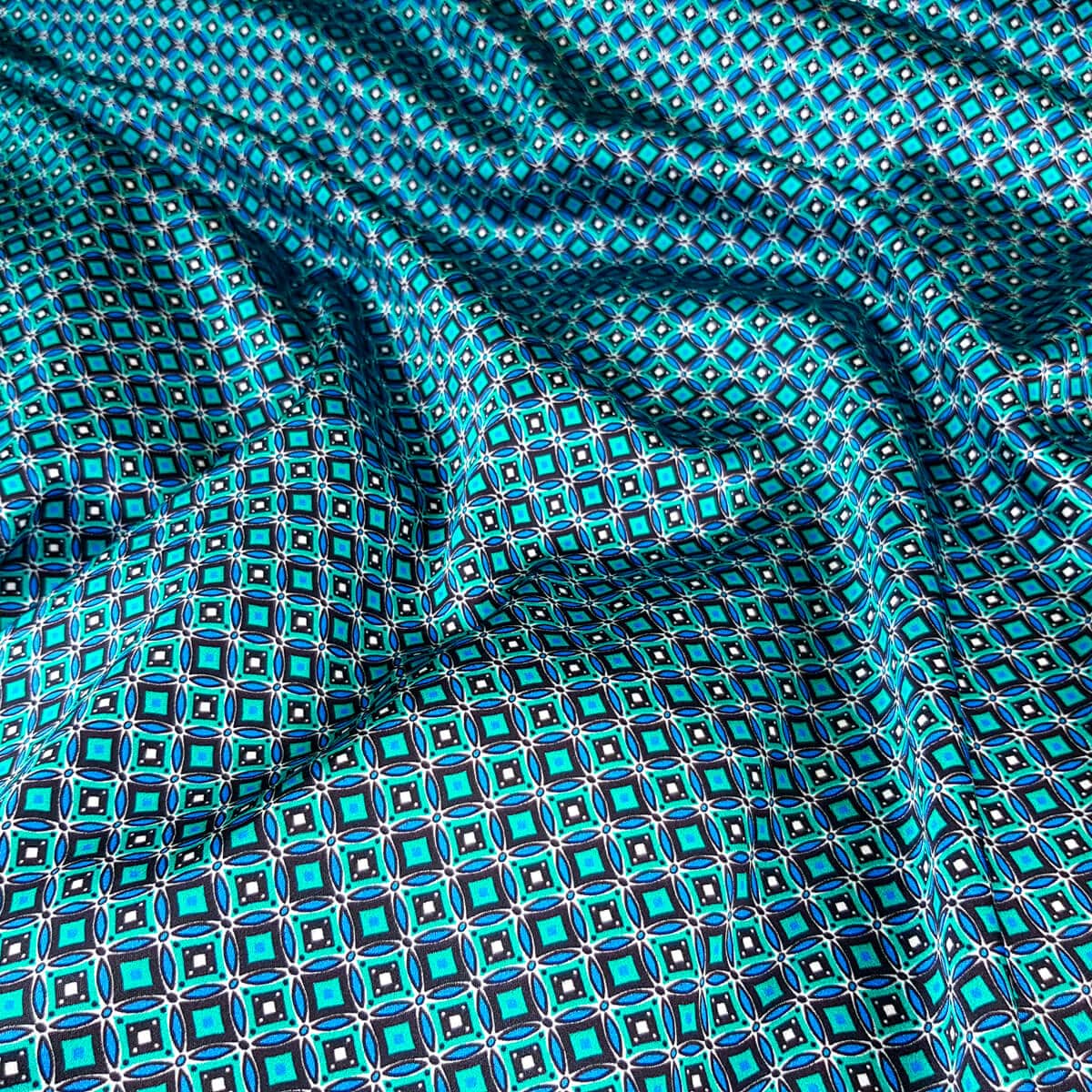 jedwabny material w drobne wzorki niebieski turkus satynaB