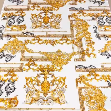 drukowana satyna jedwabna na wzor versace smoki ornament bielE