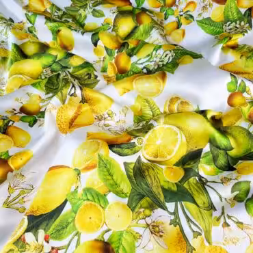 bialy jedwab w cytryny i kwiaty satyna elastycznaA