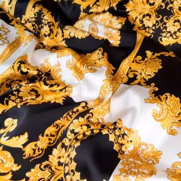 jedwab typ versace satyna z elastanem wzory zlote ornamentyB