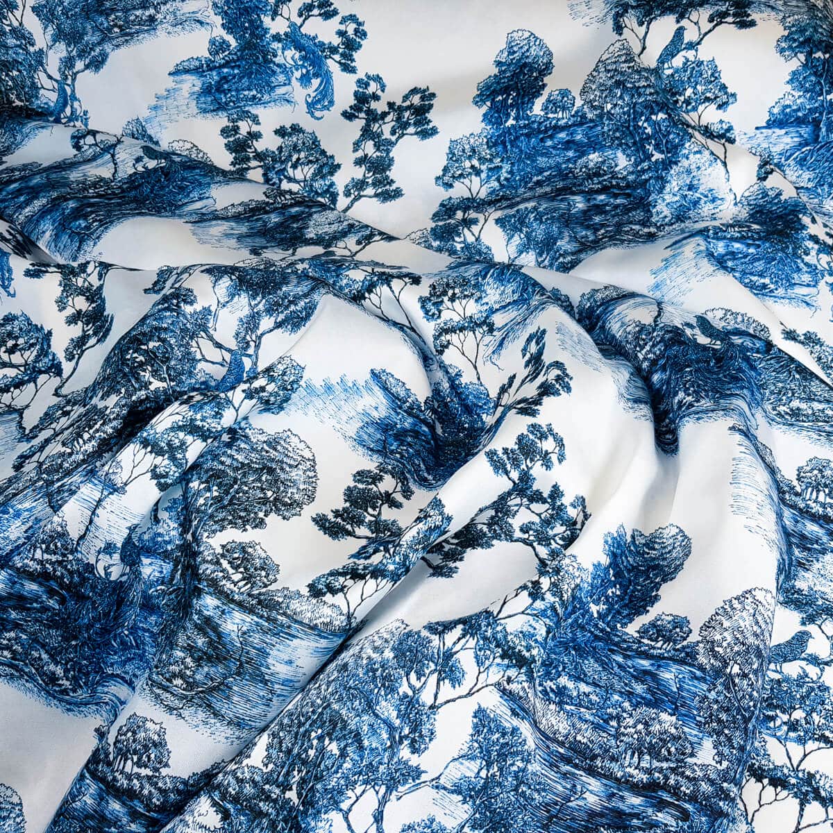 material typ dior drzewa ptaki bialy ciemnoniebieski twillB