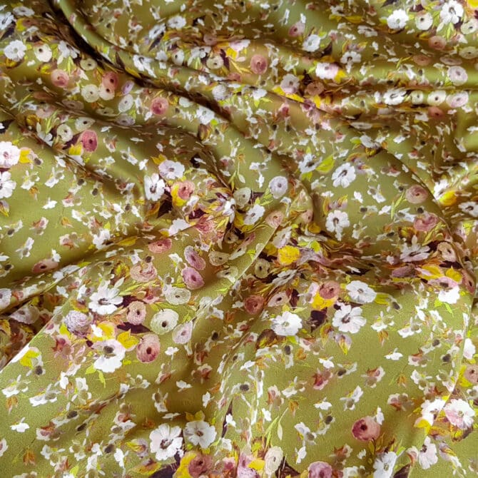 jedwab naturalny z elastanem kwiaty liscie zielony oliwkowyB