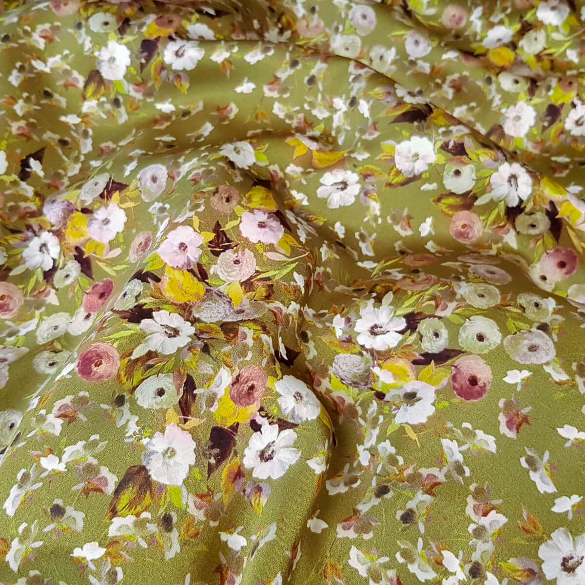 jedwab naturalny z elastanem kwiaty liscie zielony oliwkowyC