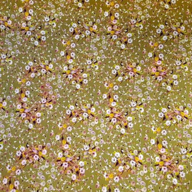jedwab naturalny z elastanem kwiaty liscie zielony oliwkowyE