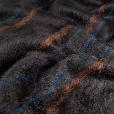 Wełna płaszczowa wielbłądzia, czarna, pasy: miedziany brąz, niebieski