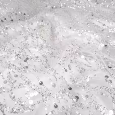 koronka cekinowa biala na tiulu cekiny srebrneA