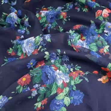 szyfon jedwabny we wzory bukiety kwiatow granat kreszA